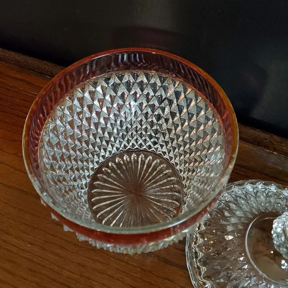 Vintage Diamond Point Clear with Ruby Rim Band Ice Bucket Indiana Glass